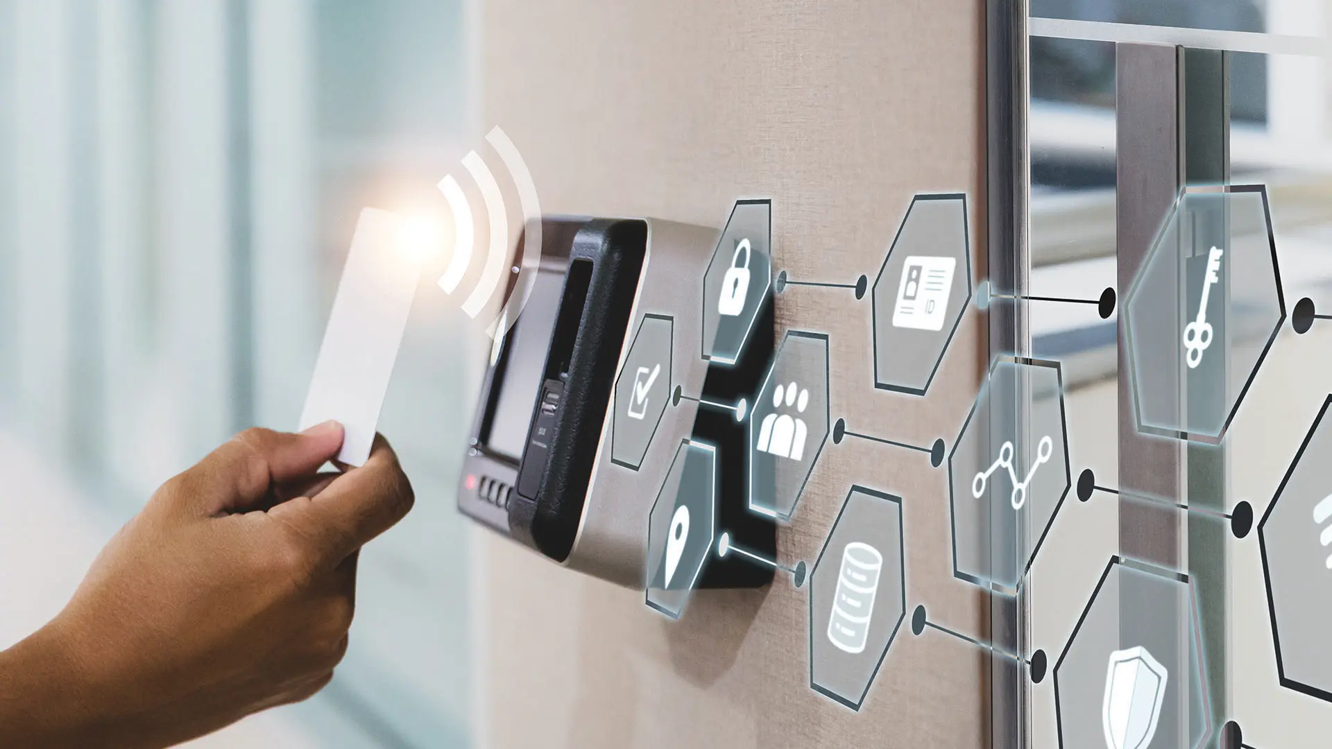 RFID card-reader access control with hexagonal security feature icons